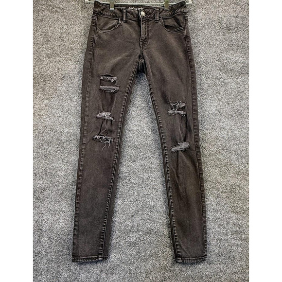 American Eagle Outfitters Jeans Womens 6 Black Jegging Distressed Skinny Ripped - Picture 1 of 16